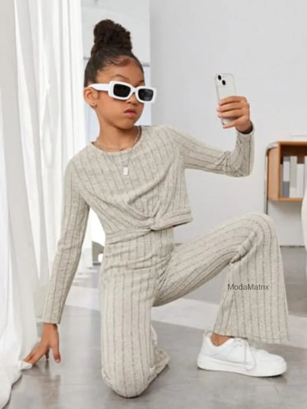 2pc Ribbed Knit Crewneck Tee & Flare Leg Pants Set